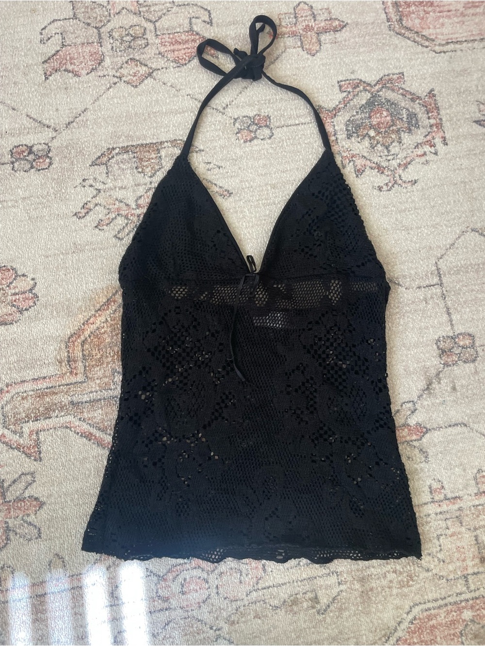 Bebe Paris Black Crochet Lace Halter Top Boho Vacationwear Womens S